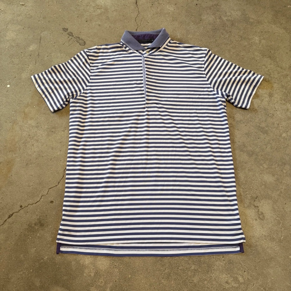 Greyson Polo Shirt Mens M Purple White Striped Snap Placket Golf Performance